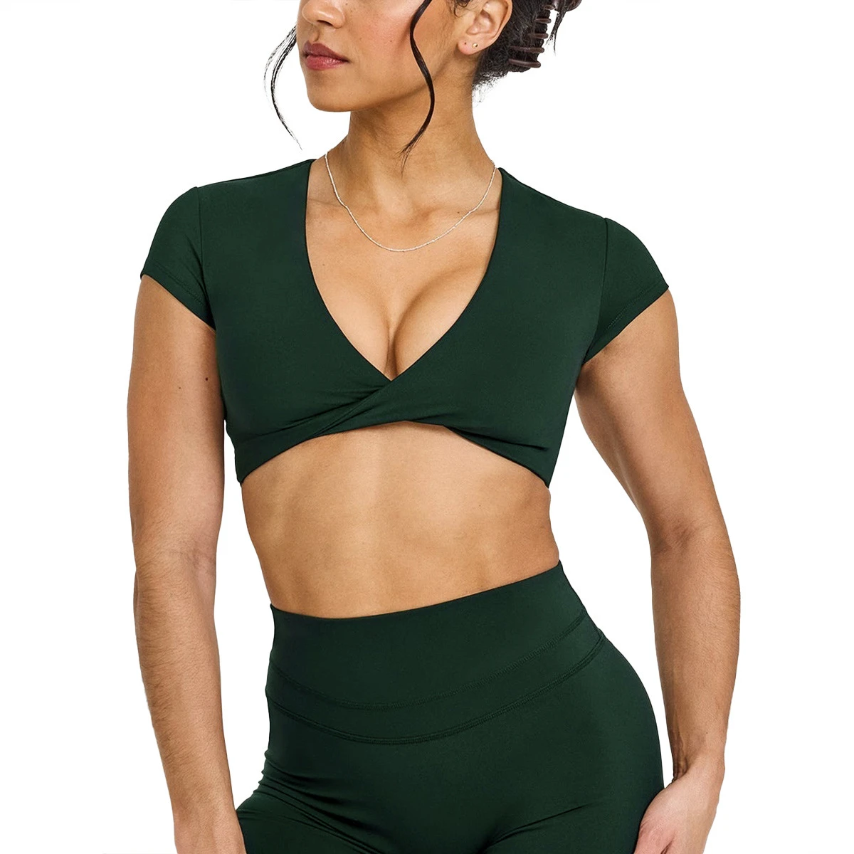 Cross-Border Ruched V-Neck Yoga Short-Sleeve Women's Hollow-Out Beautiful-Back Nylon Tight-Fitting Fitness Top Casual Commuter