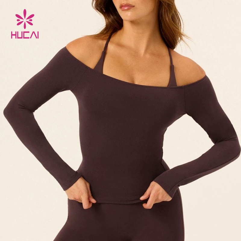 HUCAI Custom 75% Nylon 24%Spandex Lightweight Smooth Off Shoulder Yoga Long Sleeve t Shirt for Women