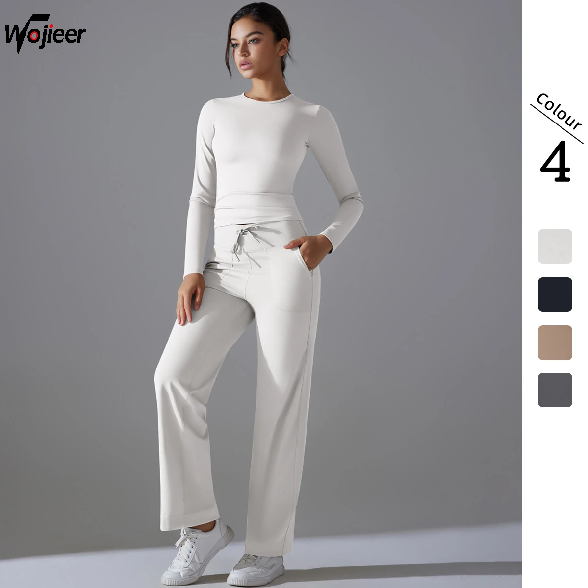 WOJIEER Lightweight Nylon Two Piece Yoga Set Double Sided Long Sleeve High Waist Wide Leg Solid Color Breathable Yoga Sportswear