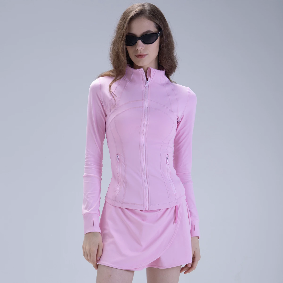 Slim Fit Solid Four-Way Stretch Long Sleeved Yoga Suit Top Tight Fitting Gold Zipper Yoga Running Stand Collar Sports Jacket