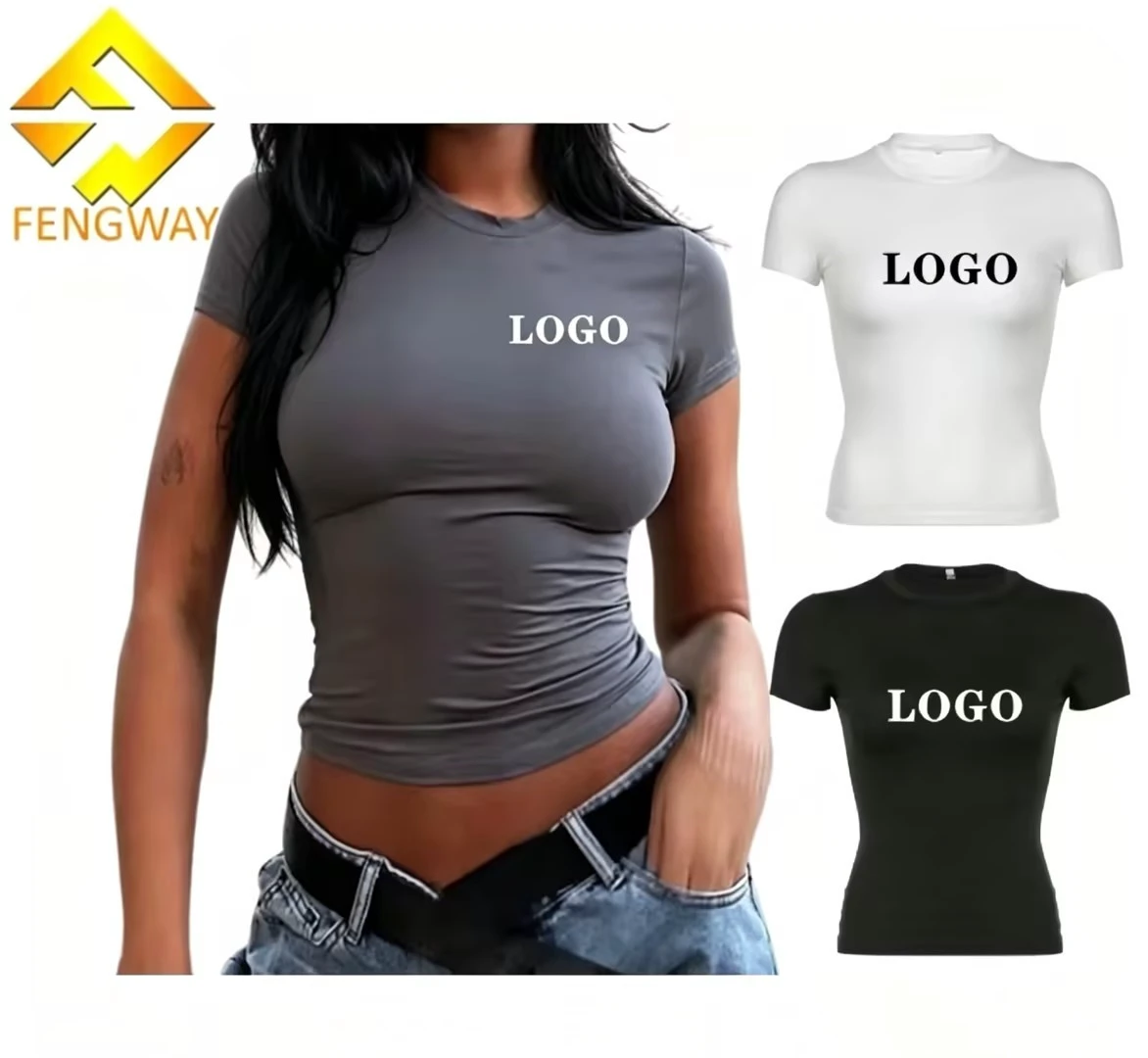 2026 Custom Logo Baby Tee Women's T-shirts Wholesale Crop Top Puff Rhinestone Plain Sexy Fitted Thin Blank Shirt For Woman