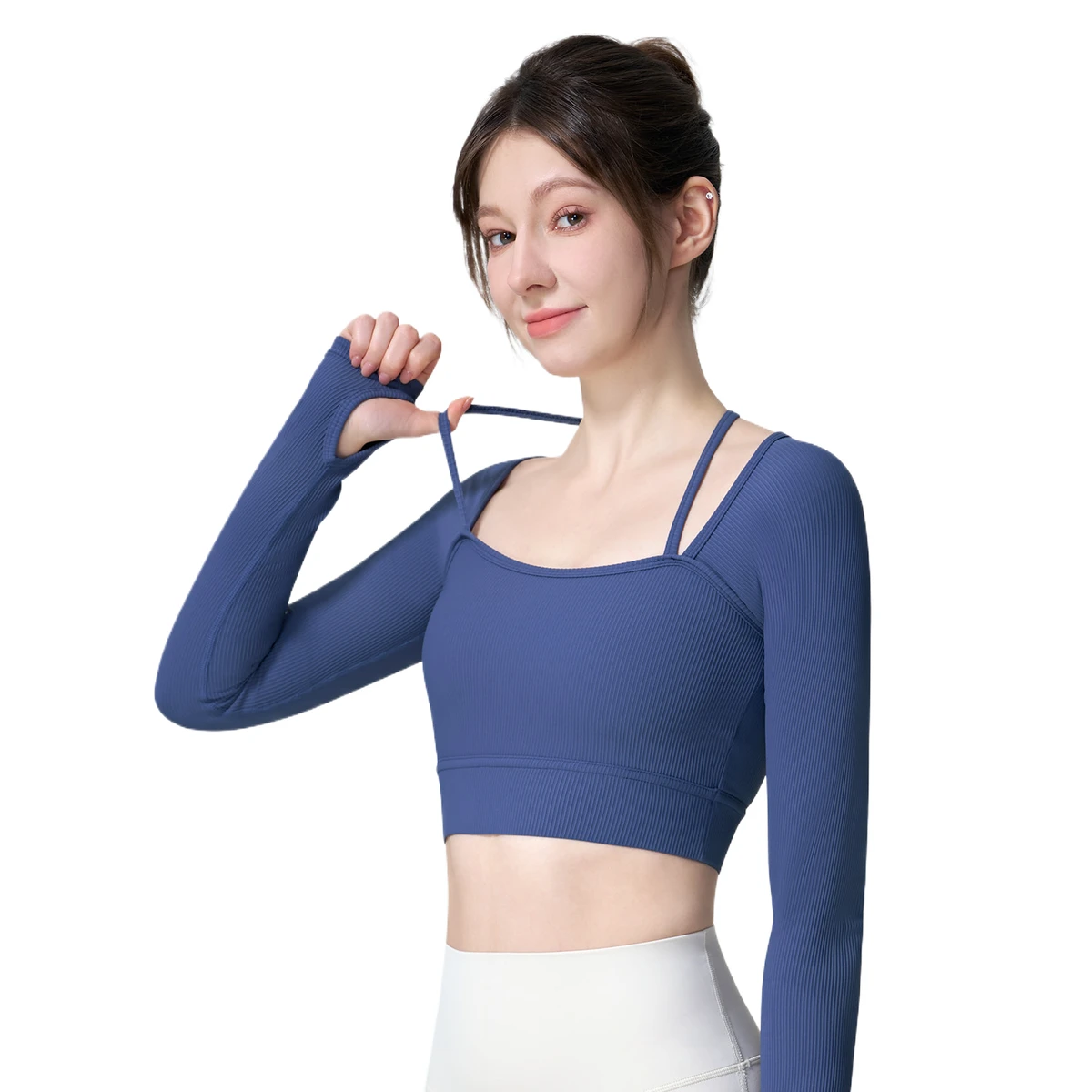 Sexy long-sleeve cropped tight quick-dry camisole yoga top with chest padding fitness running Pilates sportswear