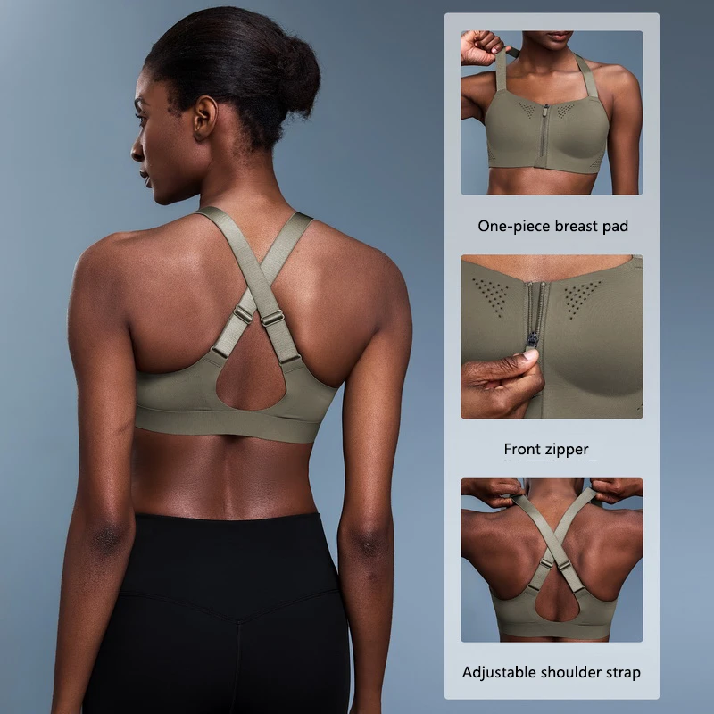 Women's High Impact Sports Bra Front Zipper Adjustable Straps Shockproof Breathable Yoga Crop Top Gym Fitness Active Wear