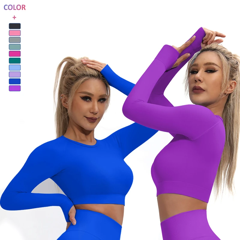 High Quality Women's Yoga Sports Top Seamless Long Sleeve Fitness Clothing in Nude Soft Nylon Breathable Round Neck Design