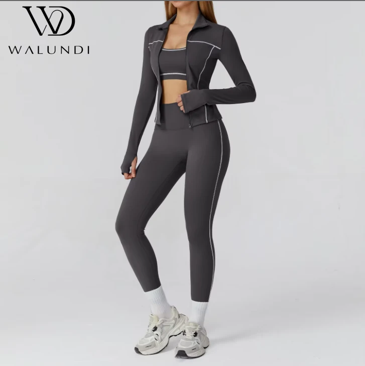 Yoga Set Color Blocking Zipper High Waist Quick Dry Yoga Set of 3 Pieces Contrast Brushed Outdoor Sports Women's Clothing