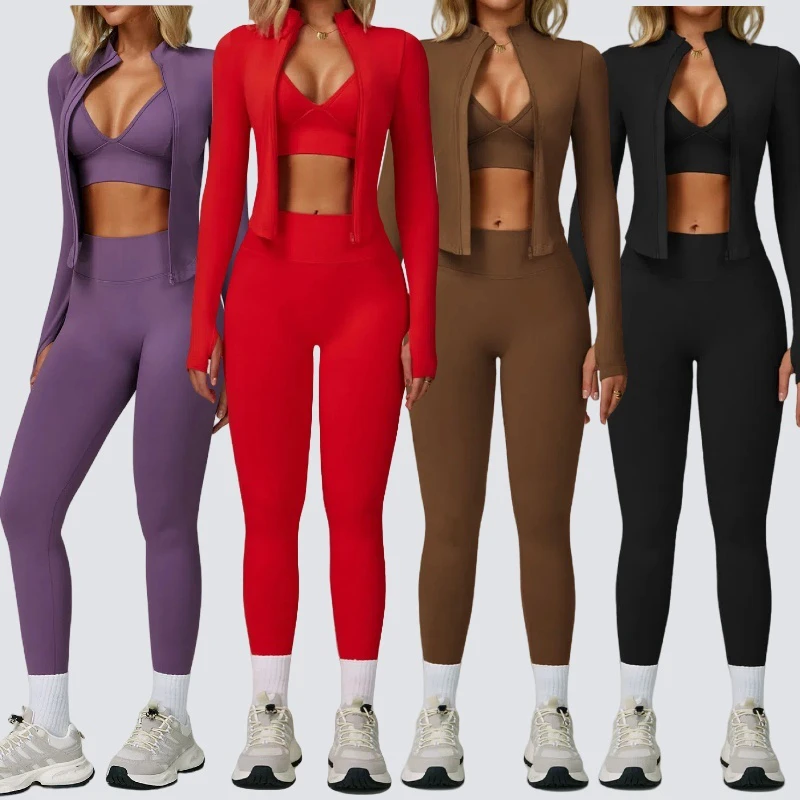 3PCS Yoga Suit Bra Women's V-waist Leggings Zipper-style Long-sleeved Jacket Outdoor Sports Fitness Suit Training Sportswear