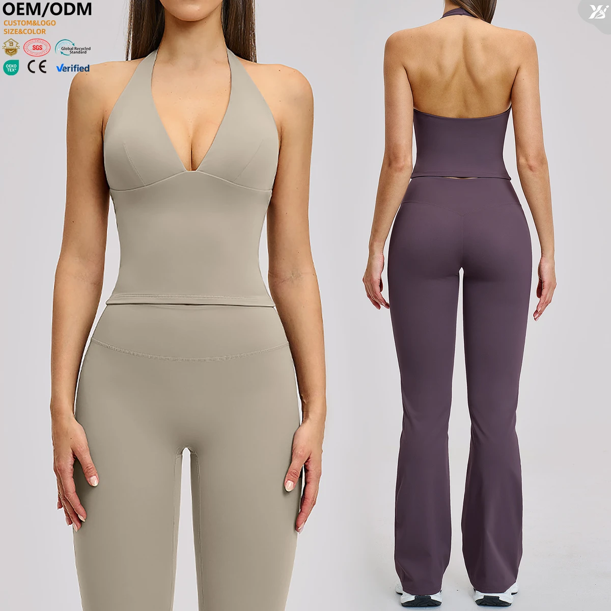 XW-EBX4201 Women Halter Neck Yoga Tank Top Deep V Neck Hollow Back Removable Pads Cropped Workout Sports Bra Gym Fitness Tops