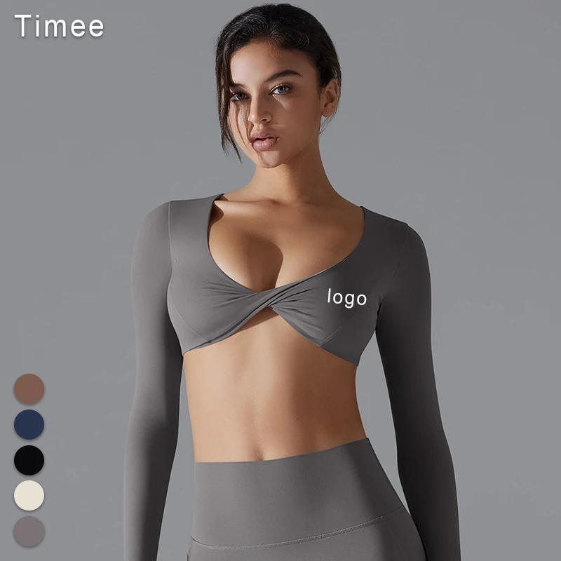 Yoga Wear Sports Gathering Long Sleeve Solid Color Slim-fit Elastic Fitness Shaping Running Training Top for Women