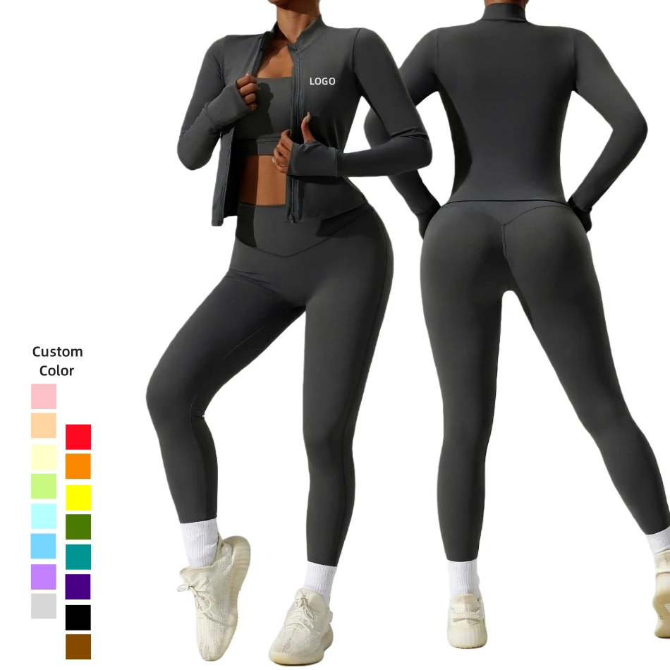 High Quality Tummy Control Yoga Set Women Quick Dry Sportswear Gym Fitness Leggings and Jacket 3 Pcs Set Custom Label OEM