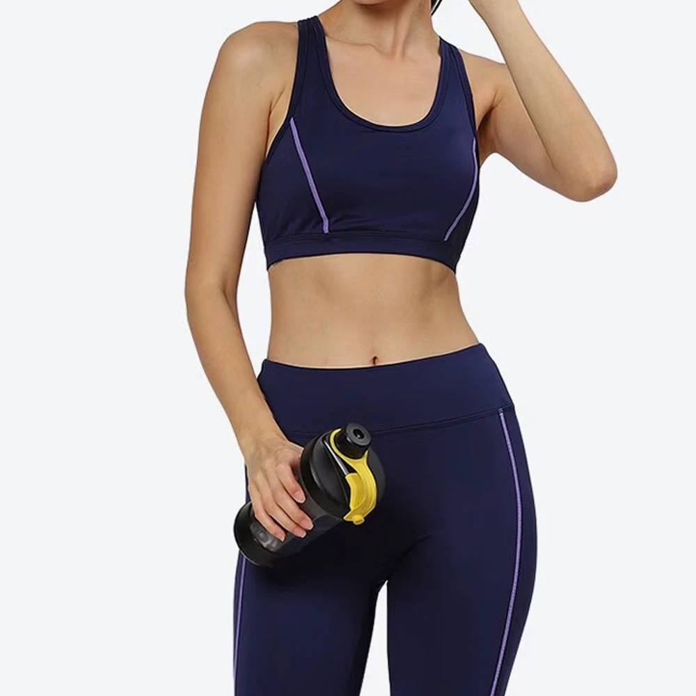 Women Navy Blue Sports Bra With Purple Accents Medium Support Yoga Activewear Seamless Breathable Design