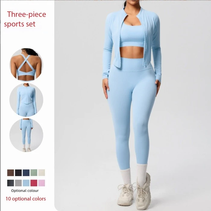 Women's 3-Piece Yoga Wear Set Jacket Bra Legging-Breathable Lightweight Workout Gear with Elastic Waist Closure Solid Patterned