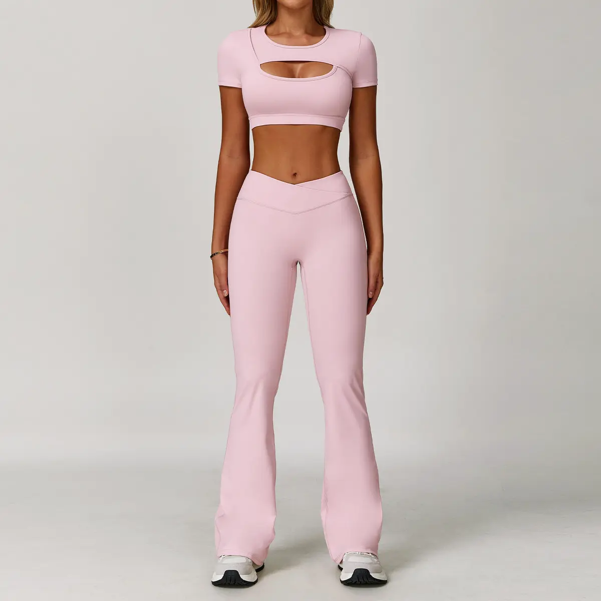 Women 2 Piece Set Short Sleeves Cropped Scrunch Butt Flared Pant High Waist Legging Athletic Outfit Gym Wear Training Yoga Set