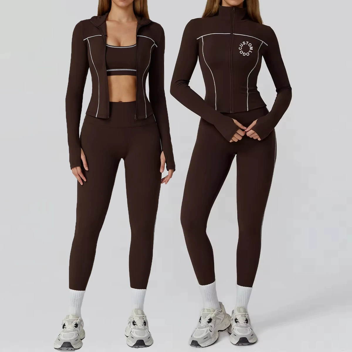 Custom Daily Casual Slim Fit Sculpt Contrasting Lines Zip-Up Jacket High Waist Leggings Training Workout Gym Women Yoga Sets