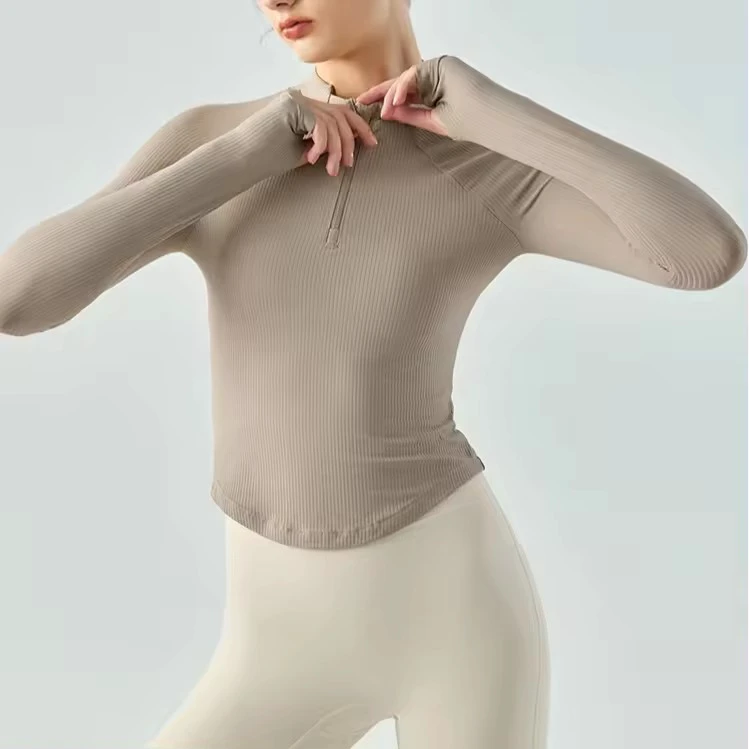 Ribbing Long Sleeves Workout Training Compression Crop Top Gym Women Zippered Slim Thin Yoga Top Quick Drying Fitness Suit