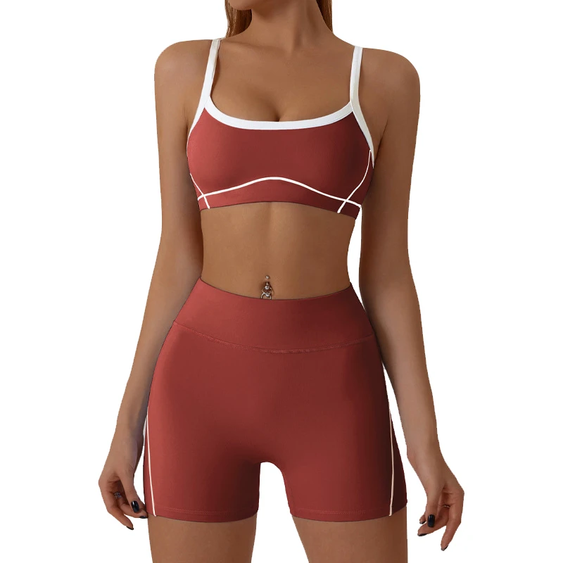 Women's Seamless Sports Bra & Shorts Yoga Set Quick-Dry Gym Workout Outfit with Color Block Print Sustainable Yoga Suit