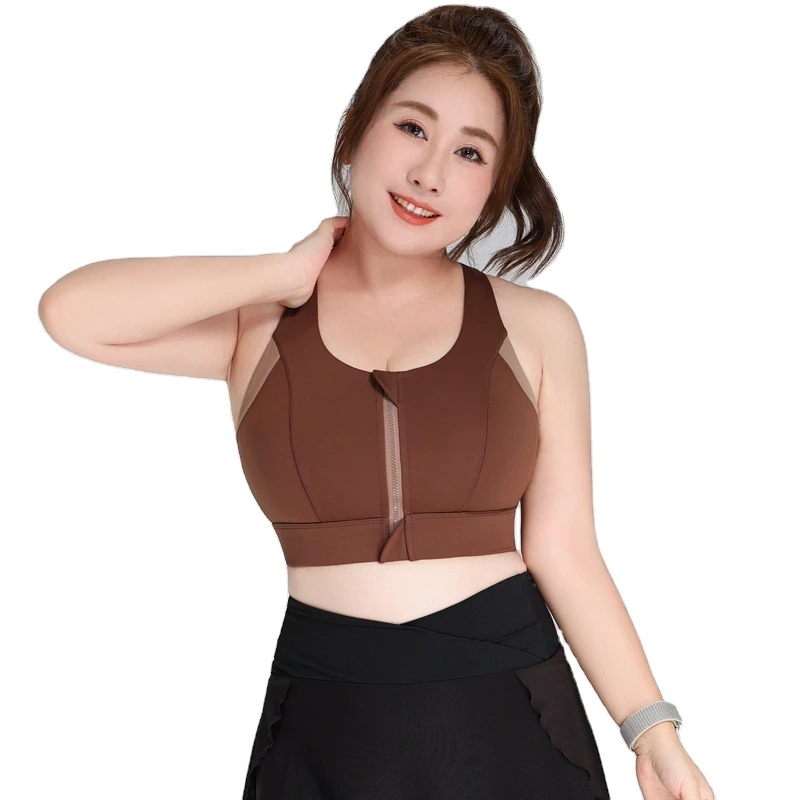 Plus Size Lightweight Seamless Fitness Bra High Strength Racerback Design New Color Block Zipper Breathable Sports Bra for