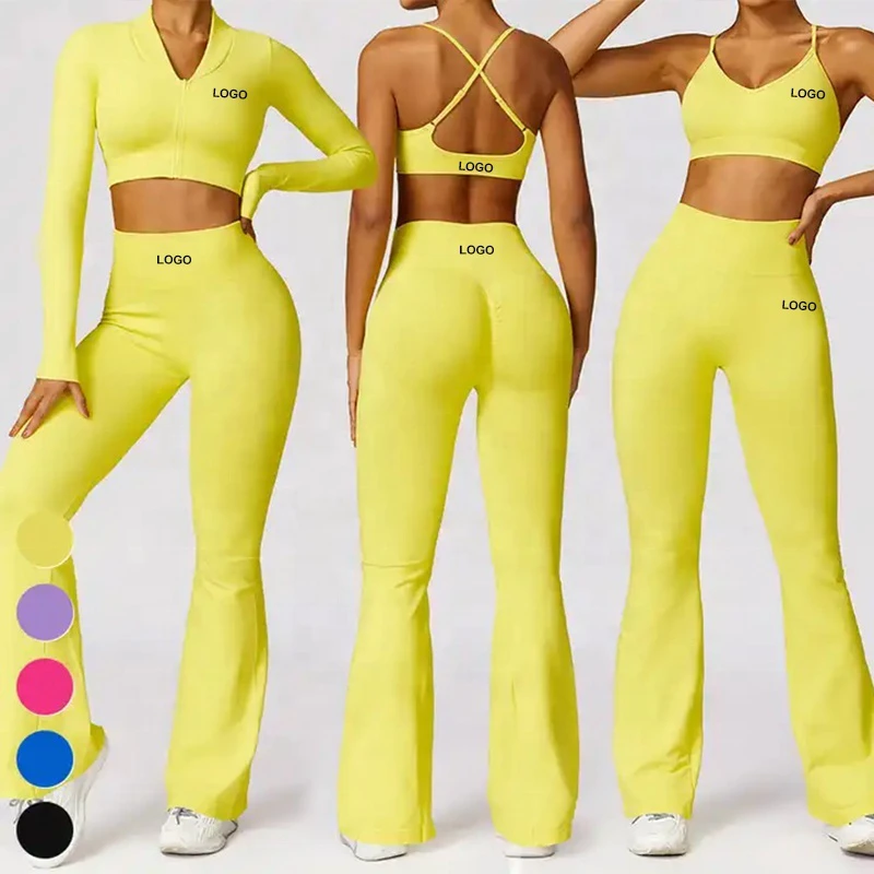 OEMSportswear Set Seamless Sport Bra Jacket Long Sleeves Pants 3 Piece Suit Custom Activewear Clothing Gym Fitness Yoga Sets for