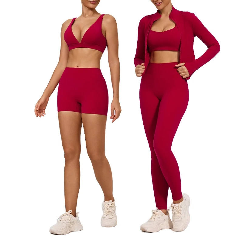 PASUXI Seamless Ribbed Breathable 2 Piece Workout Set Women Nylon Spandex Front Deep V Scrunch Butt Yoga Bra Shorts Gym Wear