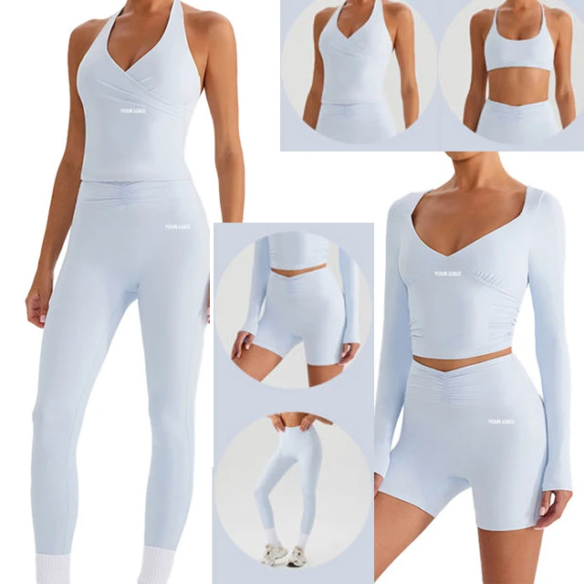 Premium Flexible Yoga & Pilates 6-Piece Activewear Ensemble Four-Way Stretch Crop Long-Sleeve Vest Bra Shorts & Leggings