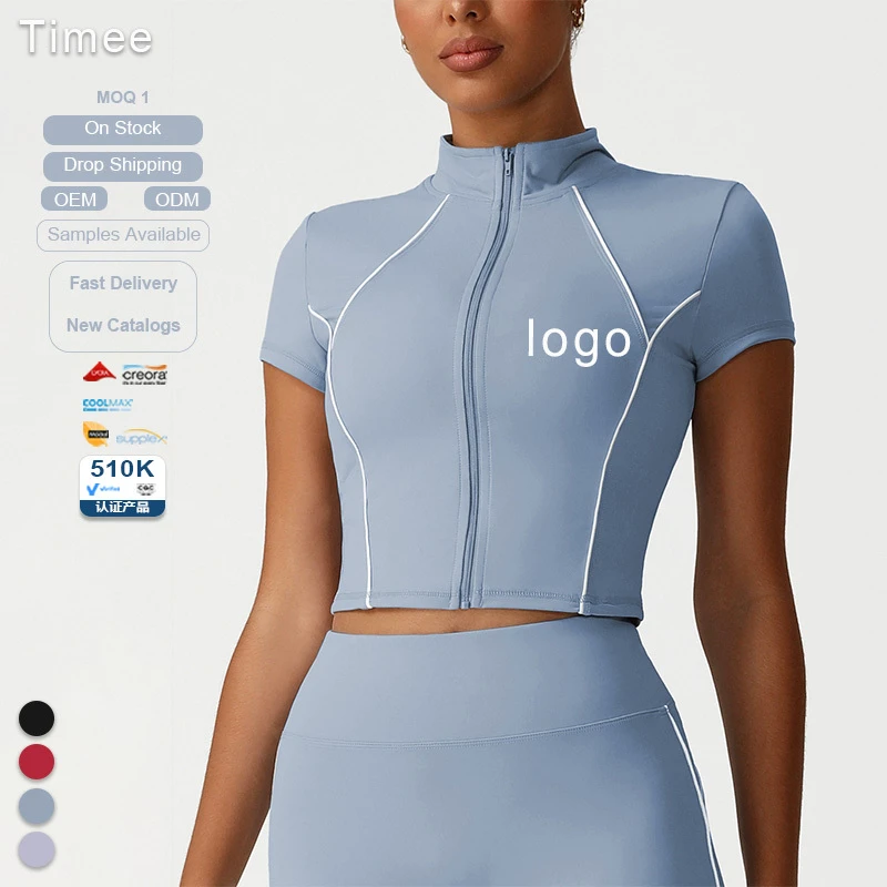 New Stand-up Collar Slimming Zipper Sport Short-sleeved Top Casual Fitness Yoga Wear High-elastic Top for Women