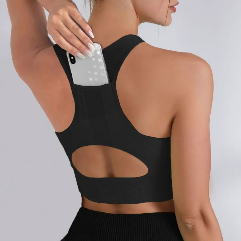 High Quality Women Sports Vest Push Up Nude Bra with Phone Pocket High Elastic Skin Friendly Breathable Gym Yoga Bra
