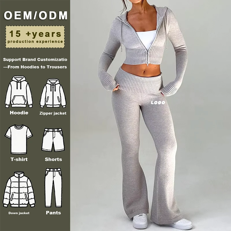 Custom High Quality Autumn Athletic Hoodie Set Women'S Plain Pink Cotton Full Zip Up Knit Cropped Hoodie And Sweatpants Set