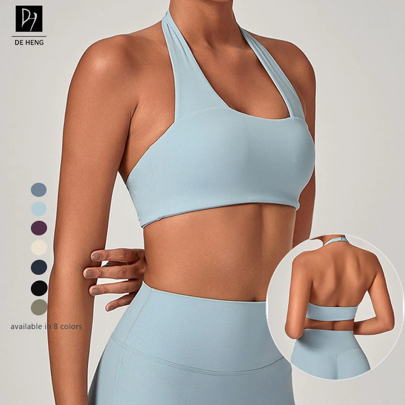 Halter Deep V Neck Backless Female Crop Woman Yoga Fitness Workout Breathable Sweat Wicking Plaid Bra