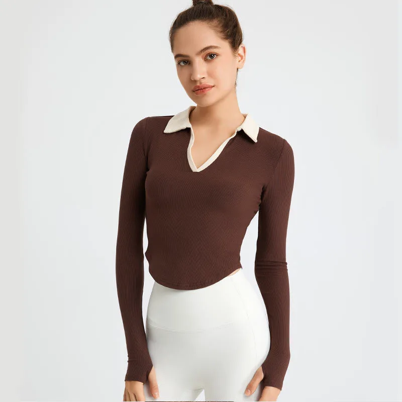 Women's Turn-down Collar Solid Sports T-Shirt V-neck Tight-fitting Nine Quarter Sleeve Fitness Wear Rounded Hem Running Yoga