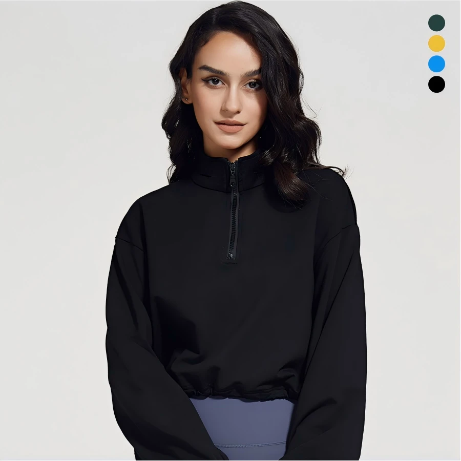 MAYYOUNG Custom Women's Zip up Fitness Sweatshirt Loose Fit Long Sleeve Yoga Top with Drawstring and Stand Collar for Gym Wear