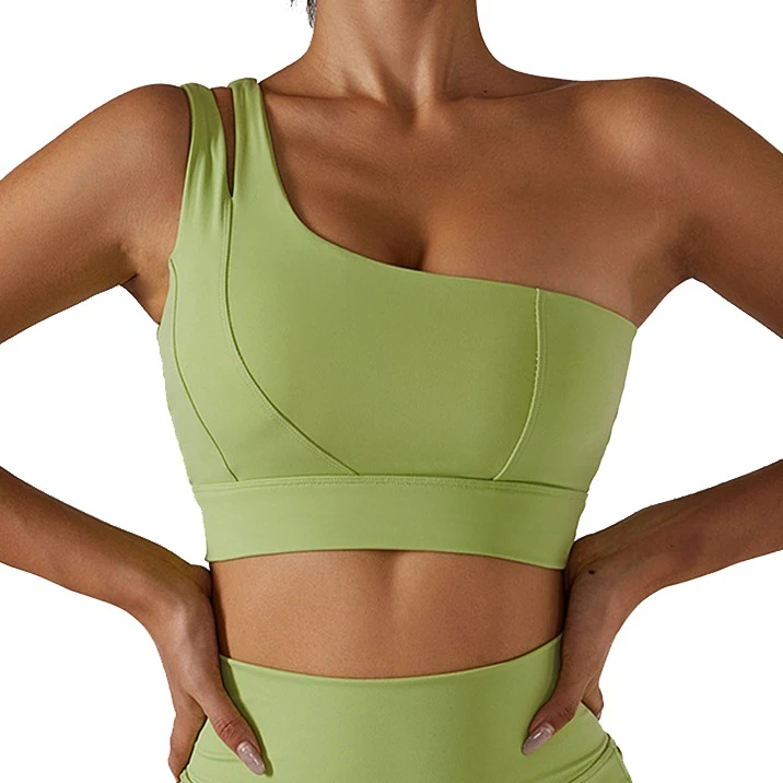 Women's Custom Front Logo Deep V-Neck Medium Support Gym Fitness Seamless Sports Bra High Performance Yoga One Shoulder