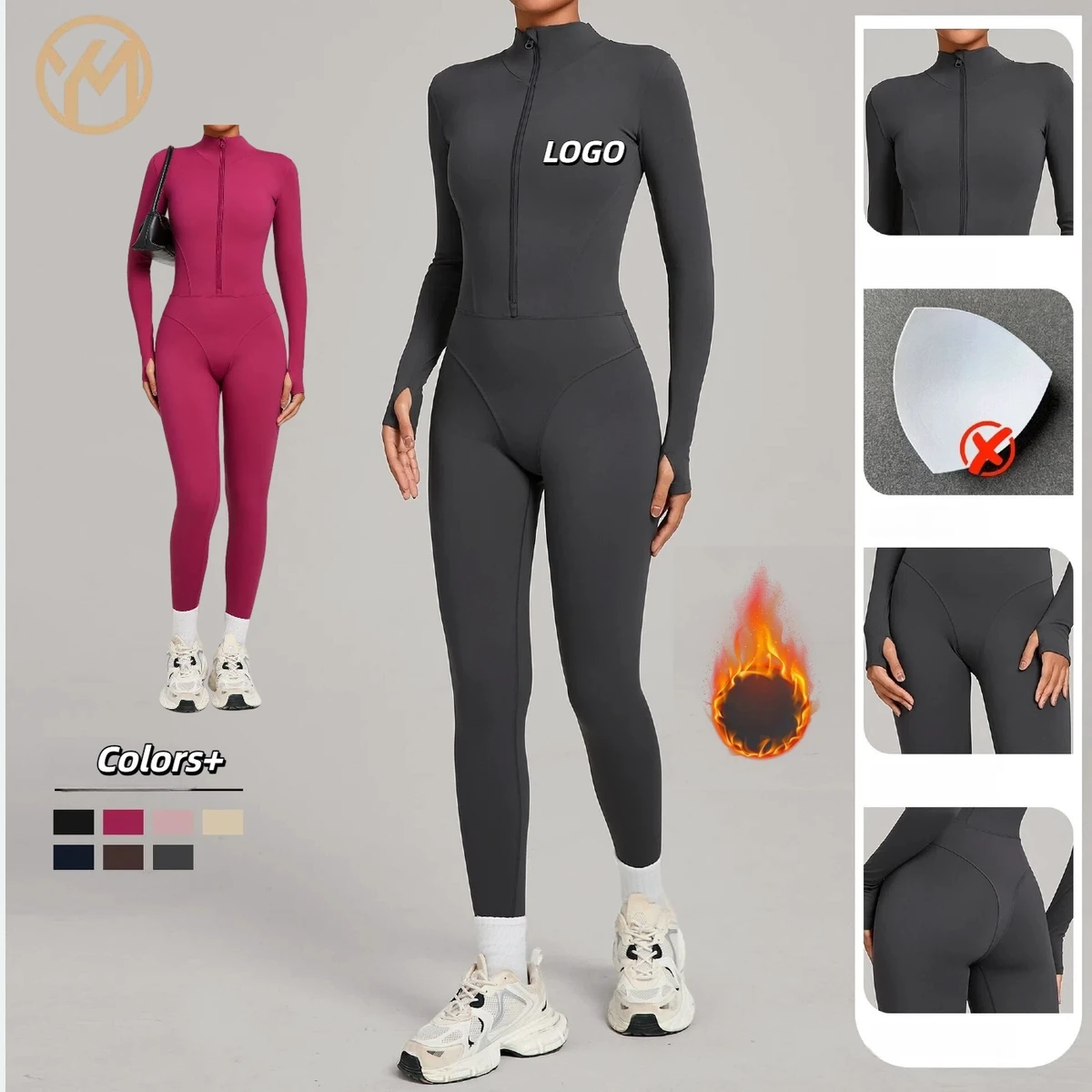 Yimo Fashion Winter Full Zip Long Sleeve Yoga Jumpsuit Lady Vans Plush Warm Outdoor Bodysuit Female Fitness Sports Clothes