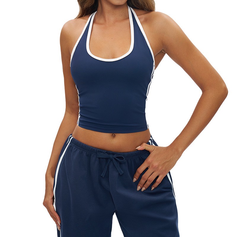 Cross-border Women's Neck-hanging Yoga Vest Color Blocking Tight Yoga Tank Top Outdoor Fitness Sports Spandex/Nylon Quick Dry