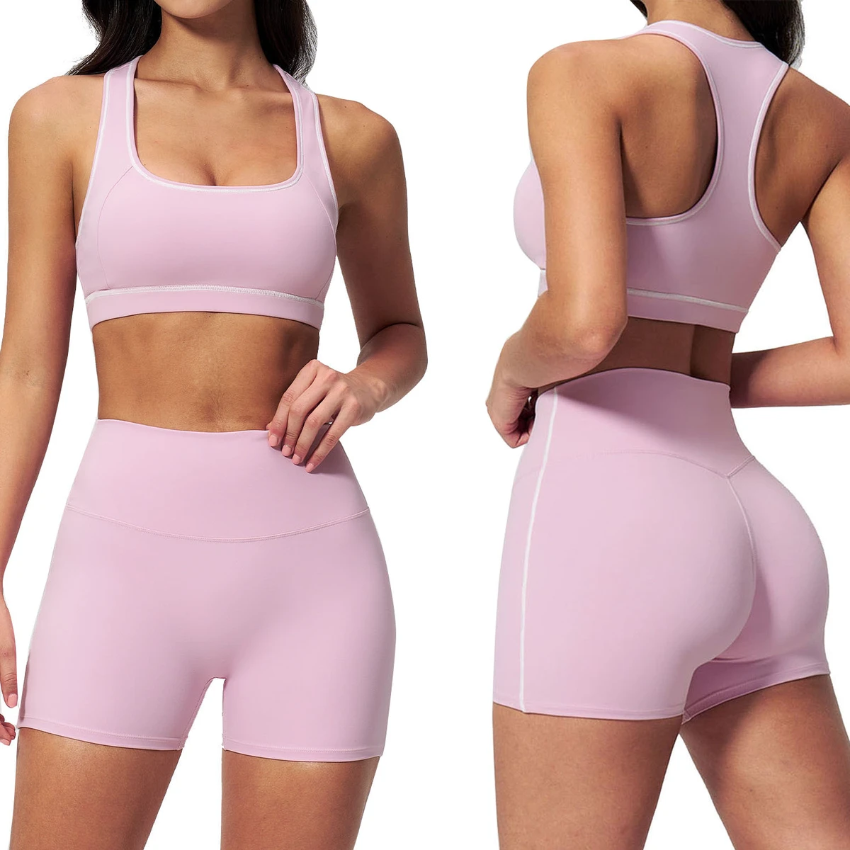 Women's Girls Breathable Compression Quick Dry Four-Way Stretch Two Tone Fitness Slimming Racer Back Sports Bra and Shorts Set