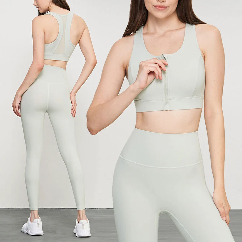 Wholesale High Support Racer Back Front Zip Shockproof Fixed Pads Mesh Sports Gym Women Yoga Bra for Workout Fitness Training