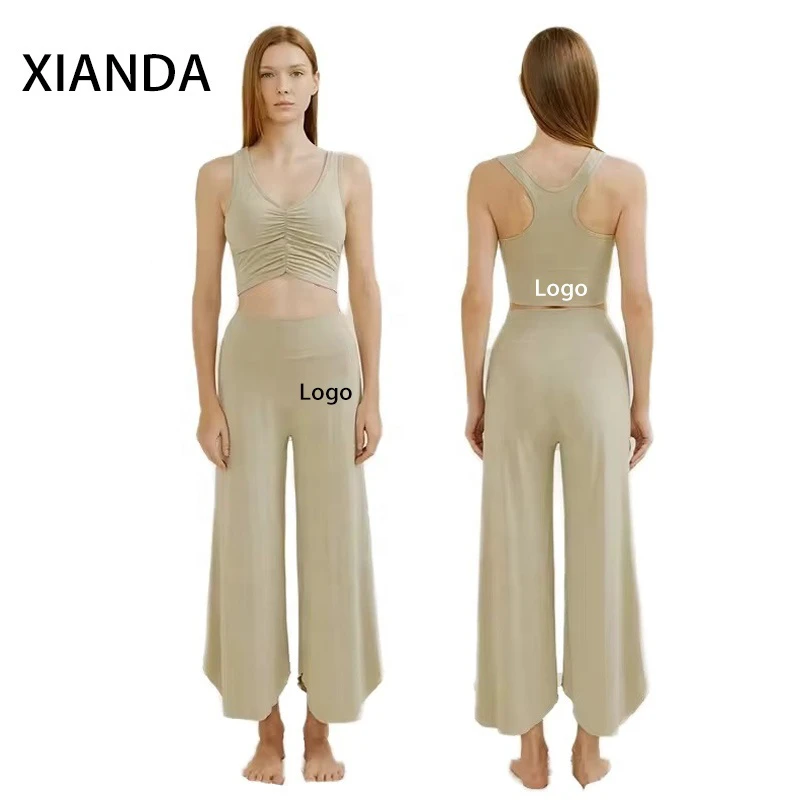 XIANDA New Fashion Solid Breathable Lightweight Slimming Pleated Vest Elastic Waist Wide-Leg Pants Gym Fitness Yoga Sports Suit