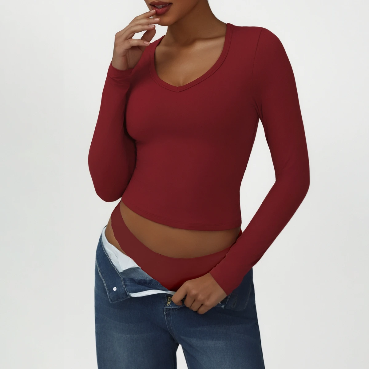 Women Sexy V Neck Long Sleeve Yoga Top Regular Fit Four-Way Stretch Quick Dry Breathable Fitness Dance Training Spandex/Nylon