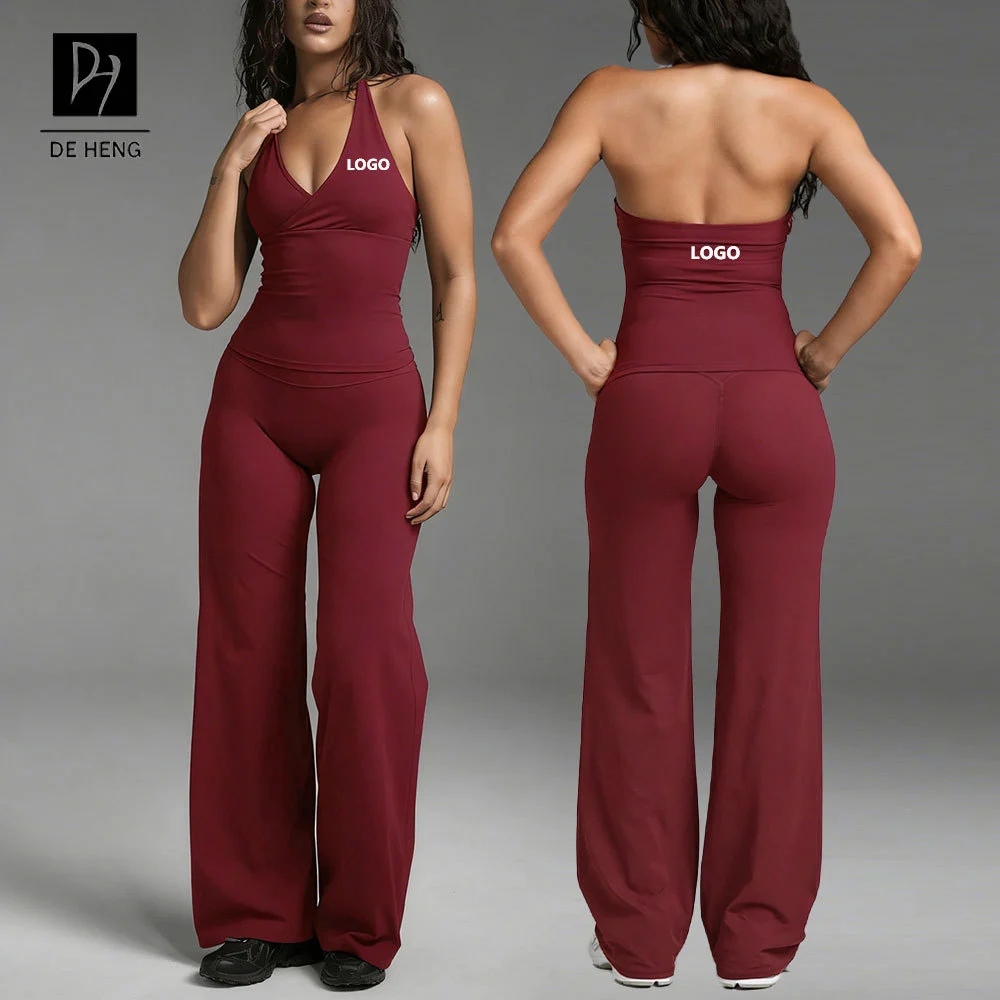 New Design Custom Activewear High Elasticity Wide Leg Pants 2pcs Gym Fitness Yoga Set Deep V-neck Lightweight Women Workout Set