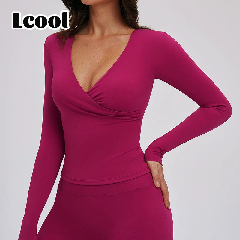 Lcool Women's Gym Shirts with Removable Chest Pads Long Sleeve Tight Fitting Yoga Top Sexy V Neck High Quality Running Shirts