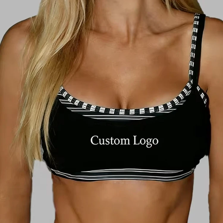 Striped Contrast Binding 2 in 1Super Softer Adjustable Straps Scoop Neck Double Layer Pilates Recycled Fabric Women Yoga Bra