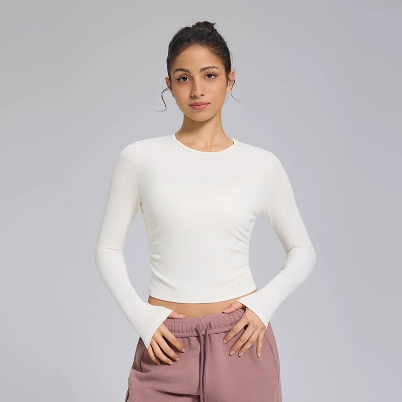 Customized Logo Long Sleeve Women's Long Sleeves T-Shirts Trending Summer Casual Wear Side Wrinkle Design Yoga Wear