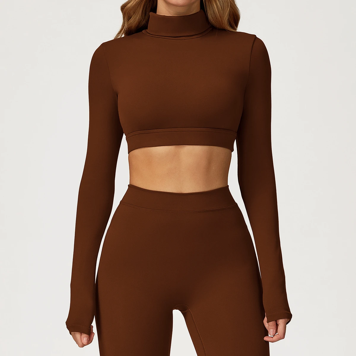New Arrival Women's Brushed Yoga Long Sleeve Crop Top Turtleneck Open Back Hollow Front Active Stretch Quick Dry Spandex/Nylon