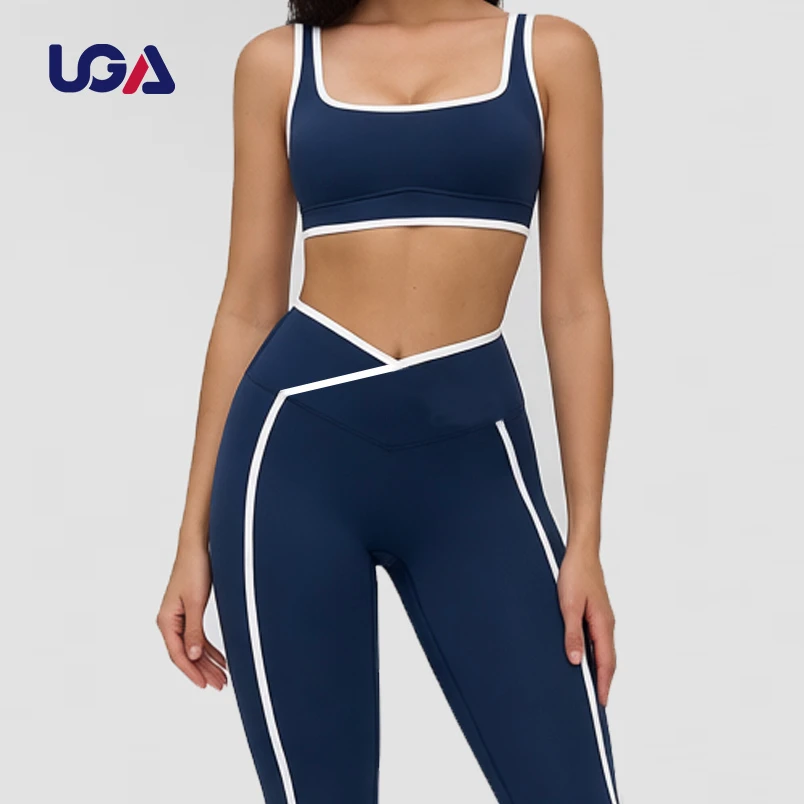 Custom Contrast Color Blocking Plus Size Elastic Waist Workout Two Piece Sports Bra Fitness Women Yoga Sets