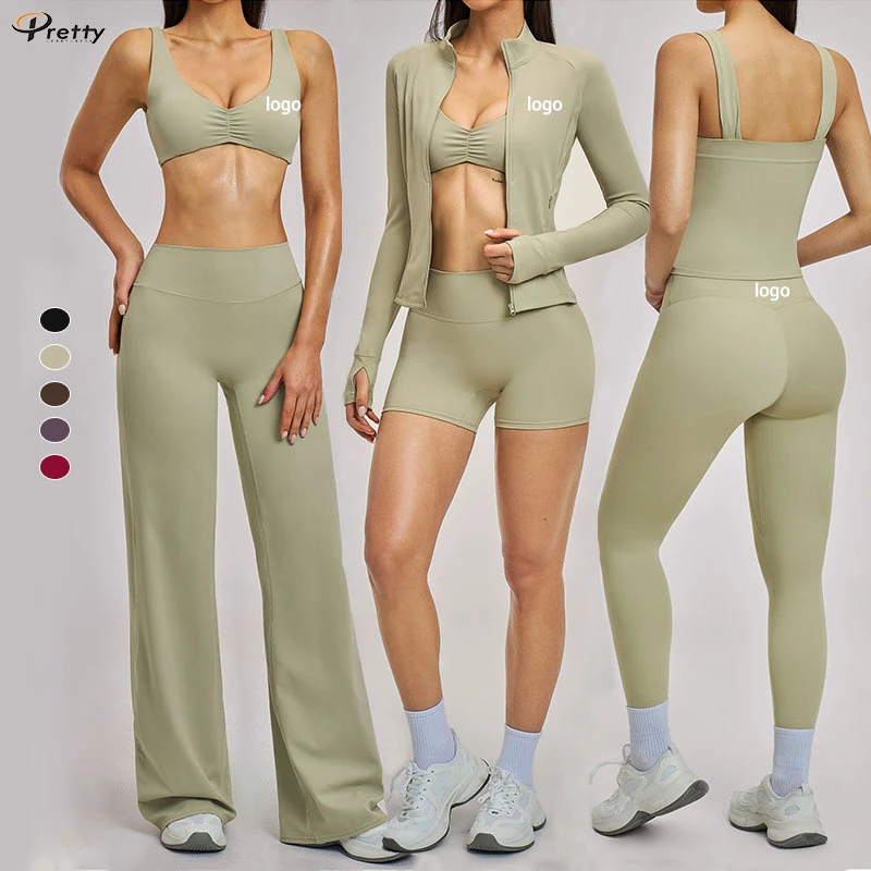 Custom High Quality 6 Piece Fitness Brushed Sportswear Gym Tight Flare Leggings Activewear Bra Women Workout Yoga Wear Sets