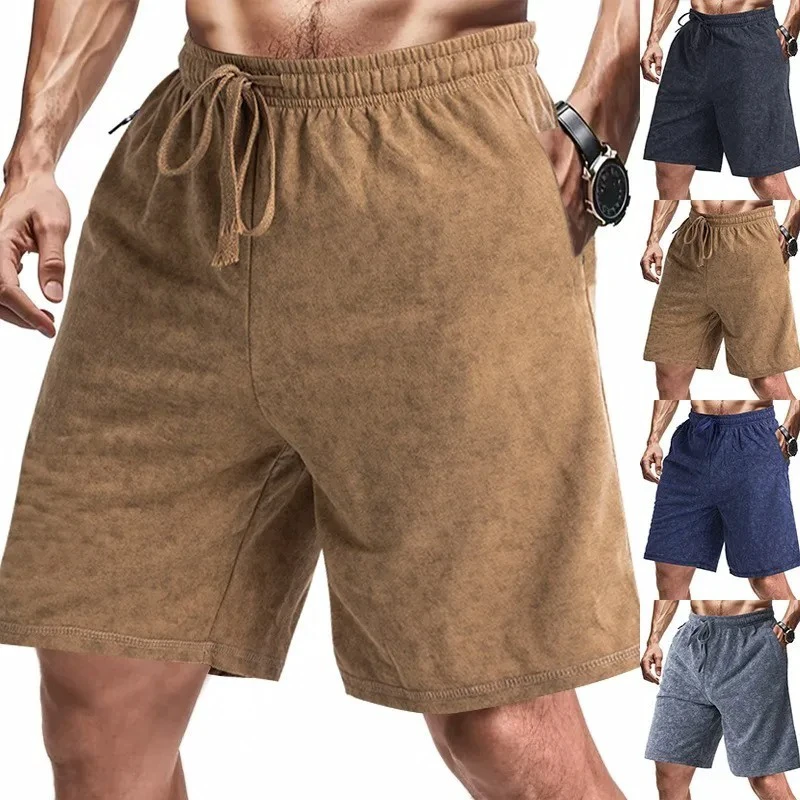 American Style Summer Men's Loose Casual Solid Sport Beach Five-Quarter Cargo Shorts Polyester/Cotton Knitted Elastic Waist