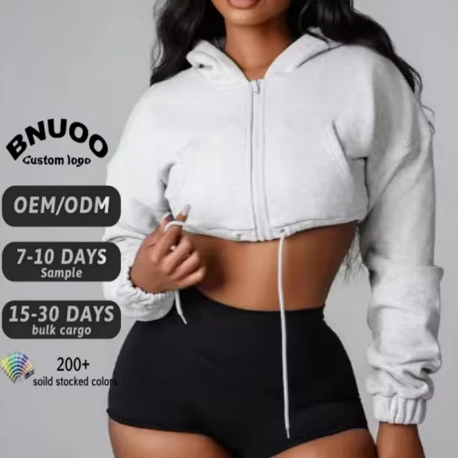 Hot Sale Full Zip Up Crop Hoodies Regular Fit Drawstring Sports Wear Women Athleisure Workout Hooded Sweatshirts
