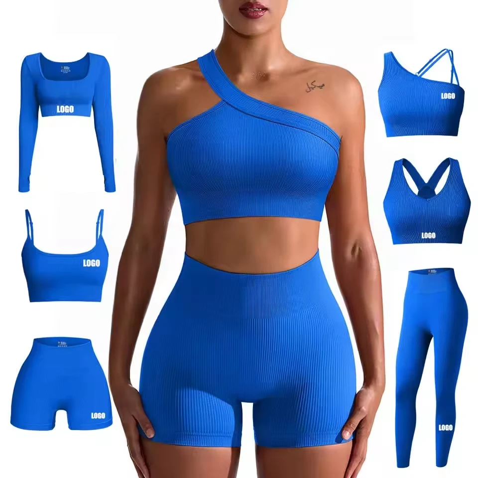 Women's 6 Piece Seamless Ribbed Yoga Set High Waist Scrunch Butt Lift Leggings Sports Bra Gym Fitness Wear Activewear Sets