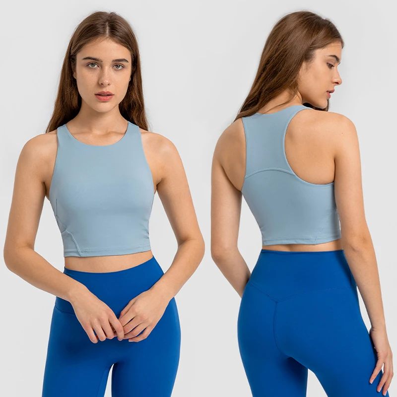 D-DT169 Women's High Elastic Sports Fitness Top Fashionable Round Tie Chest Mat Yoga Vest Naked Tight Fit