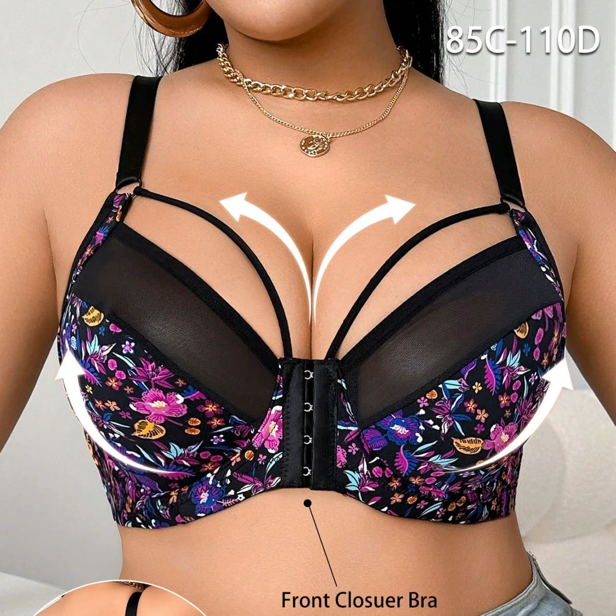 Women Front Closure Sexy Lace Knitted Bra Thin Cup Anti-Sagging Unpadded Minimizer Printed High Support Plus Size
