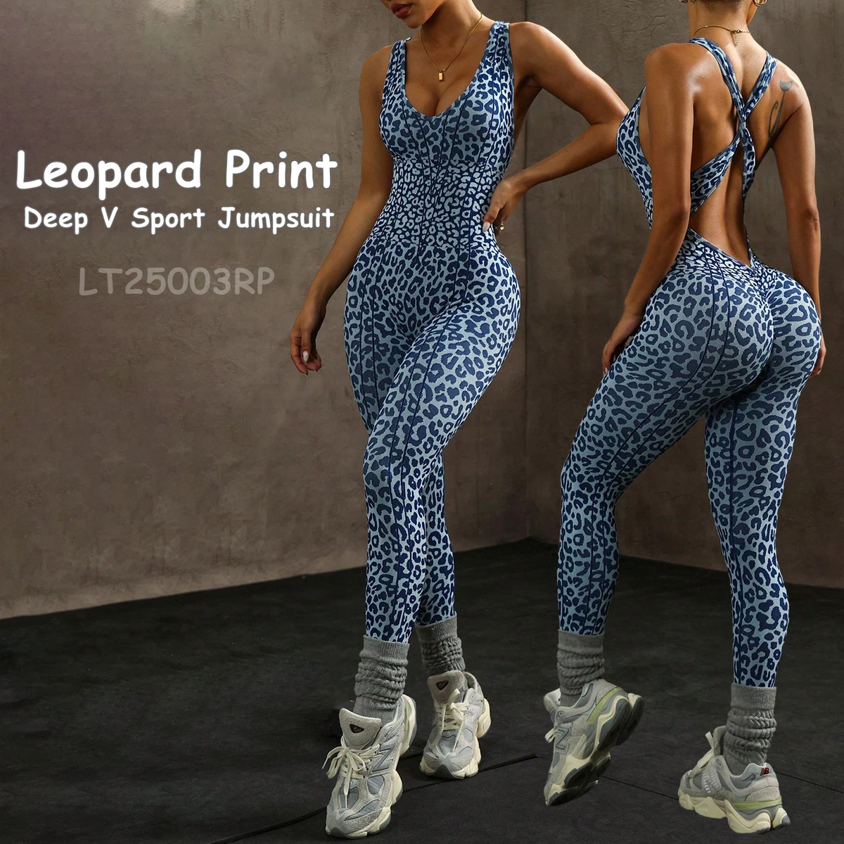 YNSEA Women's Sexy Leopard Printed Yoga One Piece Tracksuit Sports Bodysuit Deep V-Neck Cut-Out Back Crisscross Strap Push
