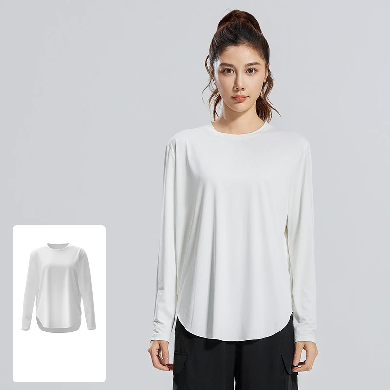 Free Design Yoga Smock White Round Neck Loose Breathable Versatile Sports Long Sleeved Top T-shirt Yoga Cover